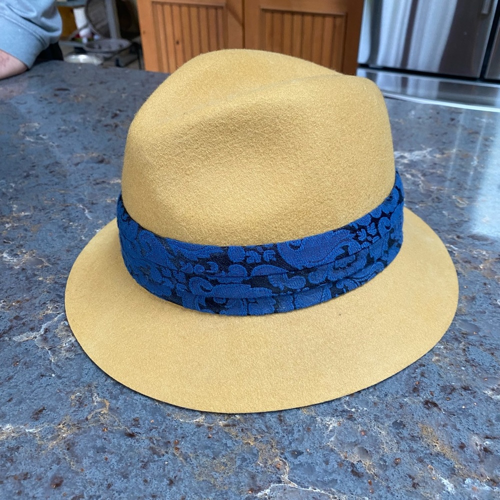 Genie by Eugenia Kim yellow wool hat with blue paisley band detail